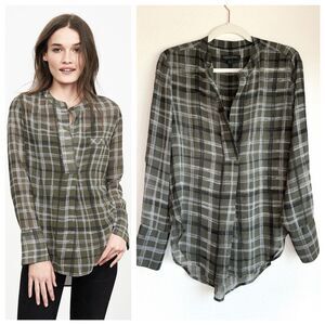 NWOT Banana Republic Sheer Plaid Popover Blouse in Olive Green Black & White S